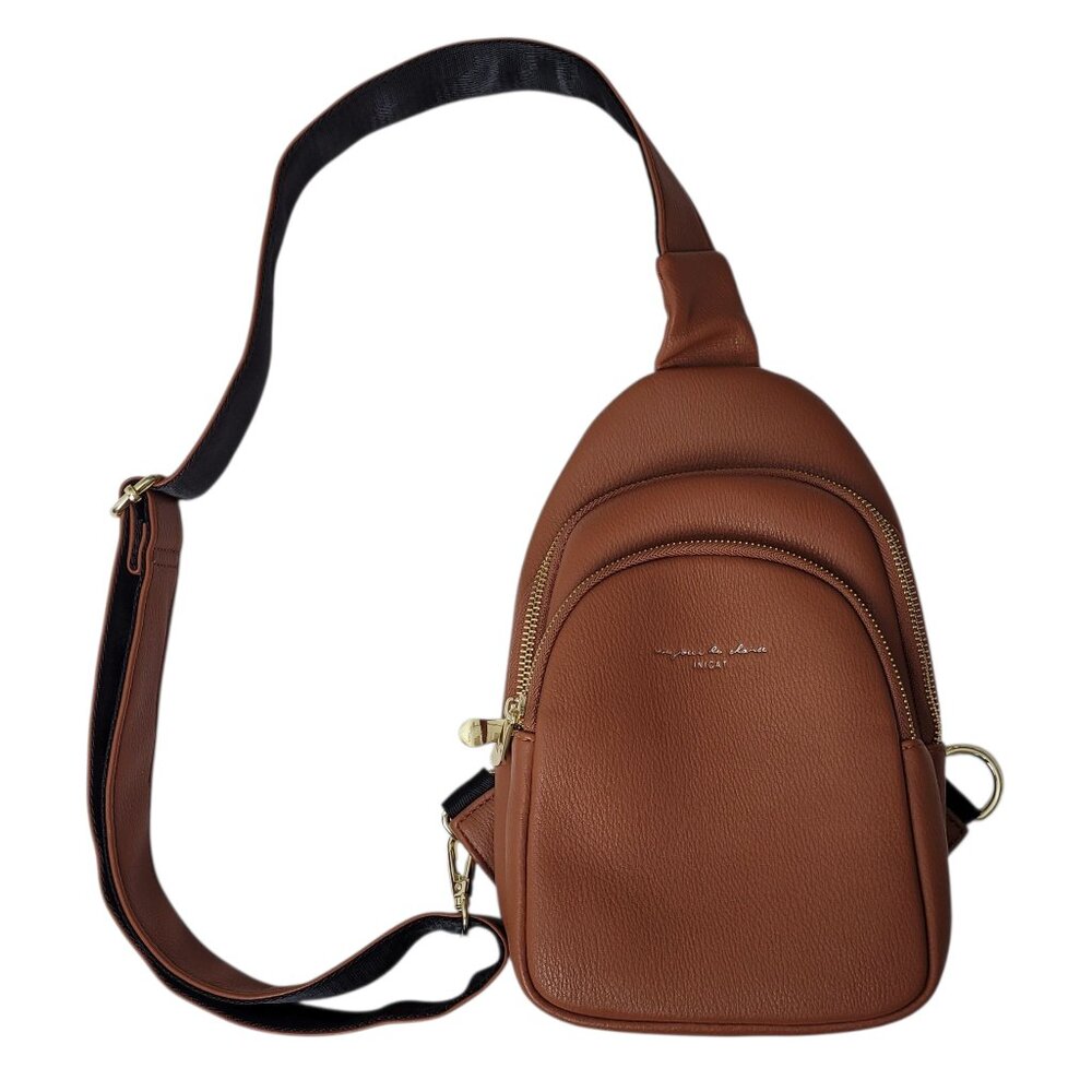 INICAT Small Crossbody Sling Bag Cognac Brown Vegan Leather Quiet Luxury NWOT - Picture 1 of 13